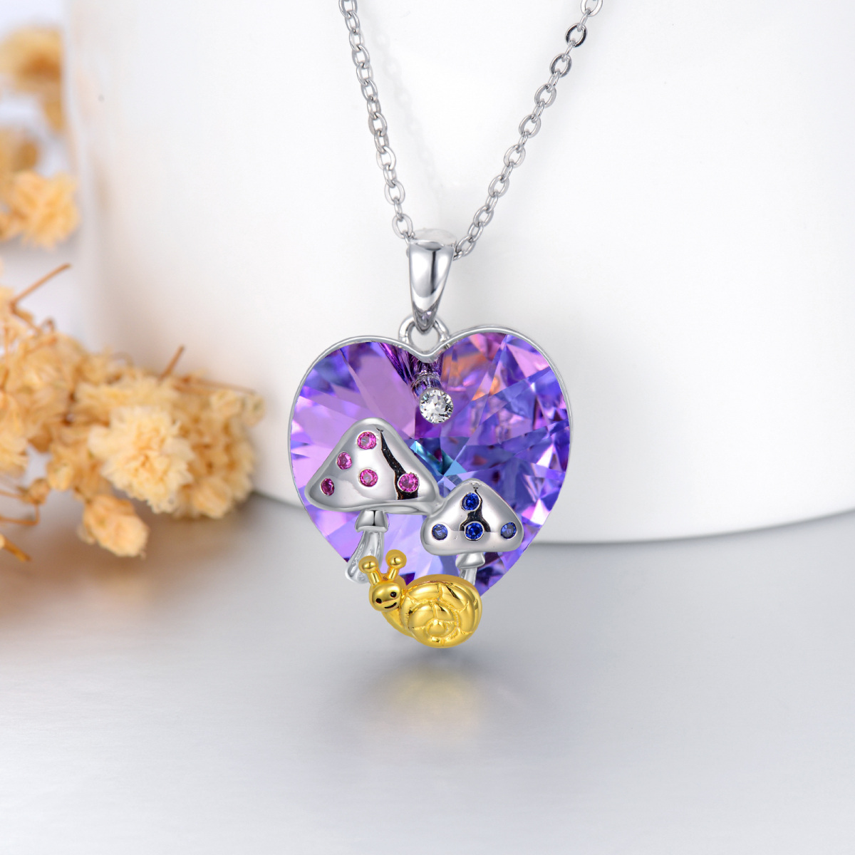 Sterling Silver Heart Crystal Mushroom Pendant Necklace-5