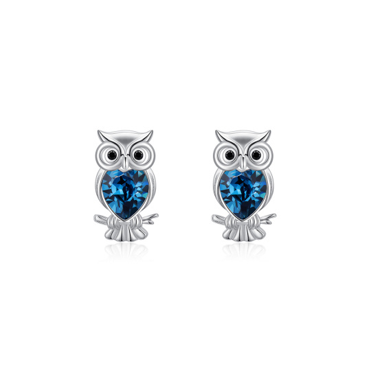 Sterling Silver Heart Crystal Owl Stud Earrings