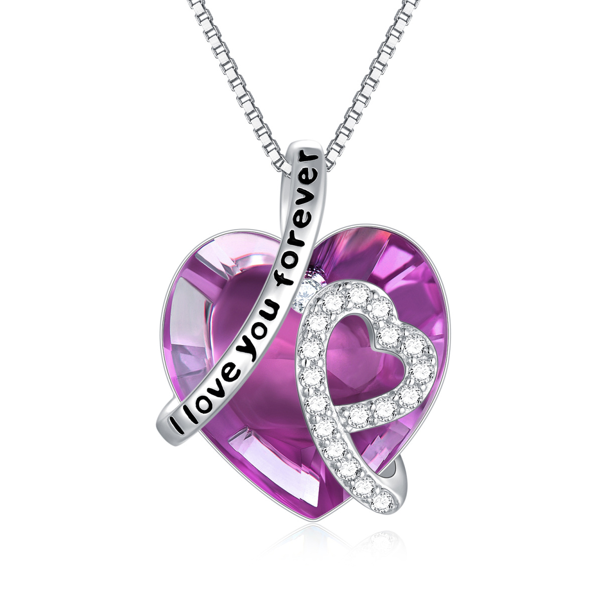 Sterling Silver Purple Heart Crystal Engraved Box Chain Necklace for Women-1