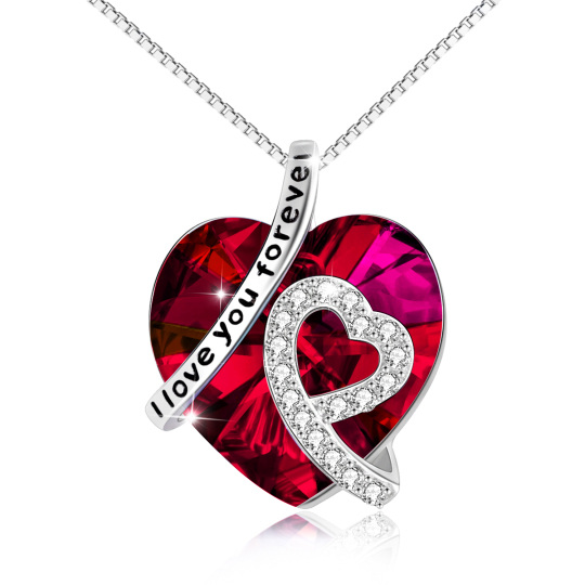 Sterling Silver Red Heart Crystal Engraved Box Chain Necklace for Women