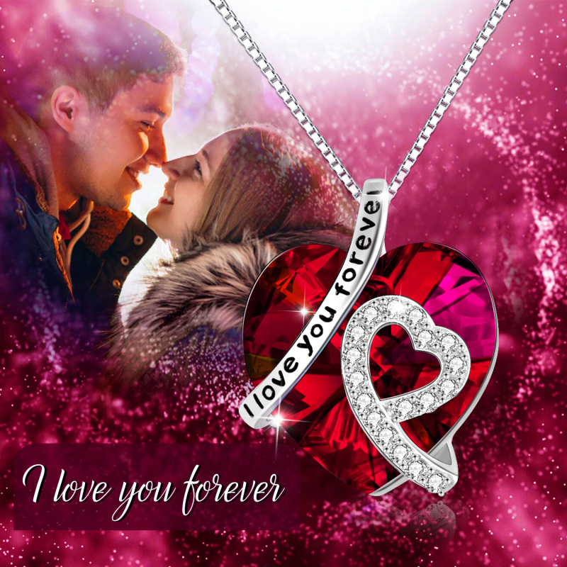 Sterling Zilveren Rode Hart Kristal Gegraveerde Doos Ketting voor Vrouwen-7