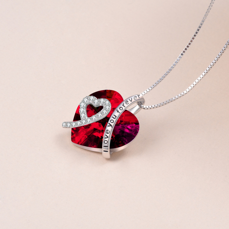 Sterling Zilveren Rode Hart Kristal Gegraveerde Doos Ketting voor Vrouwen-4