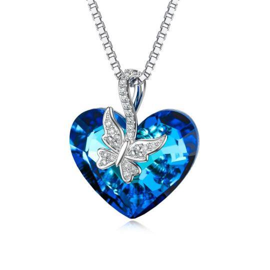 Sterling Silver Blue Heart Butterfly Crystal Pendant Necklace For Women