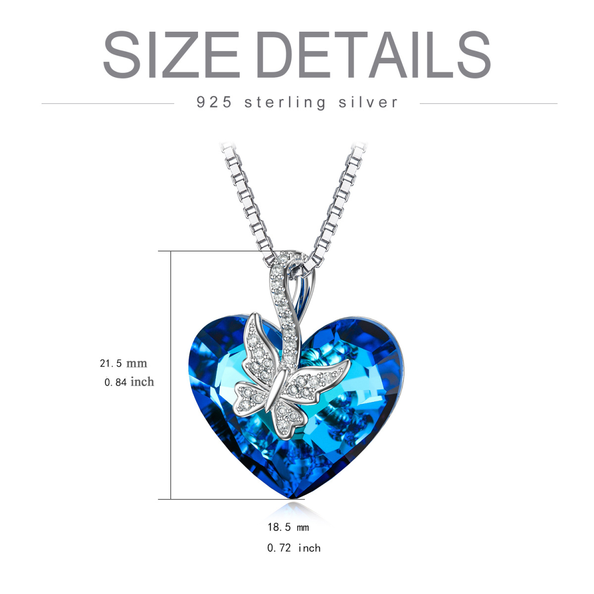 Collana da donna con pendente in cristallo a farfalla con cuore blu in argento sterling-3