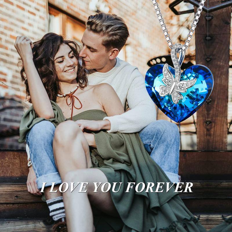 Sterling Silver Blue Heart Butterfly Crystal Pendant Necklace For Women-6