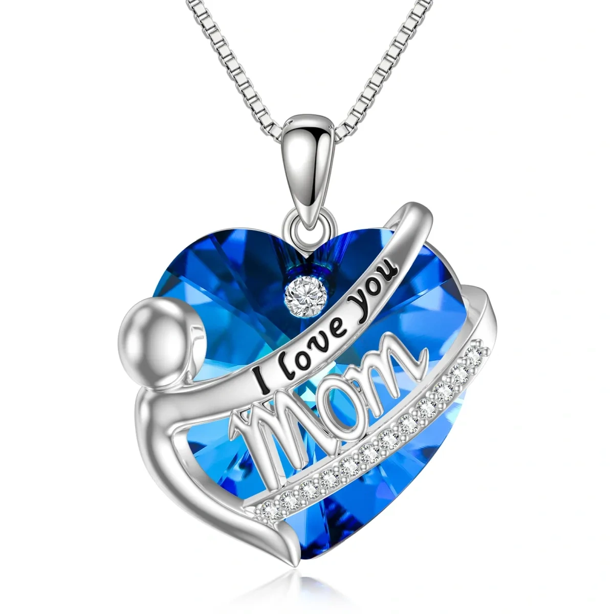 Collar colgante de plata de ley con corazón de cristal y palabra grabada-1