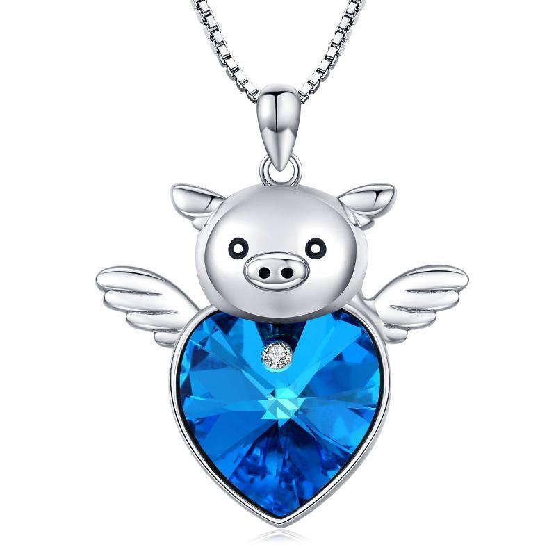 Collier pendentif cochon en cristal de coeur en argent sterling-1