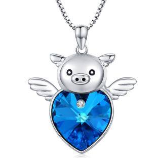 Sterling Silver Heart Crystal Pig Pendant Necklace-37