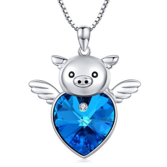 Collier pendentif cochon en cristal de coeur en argent sterling