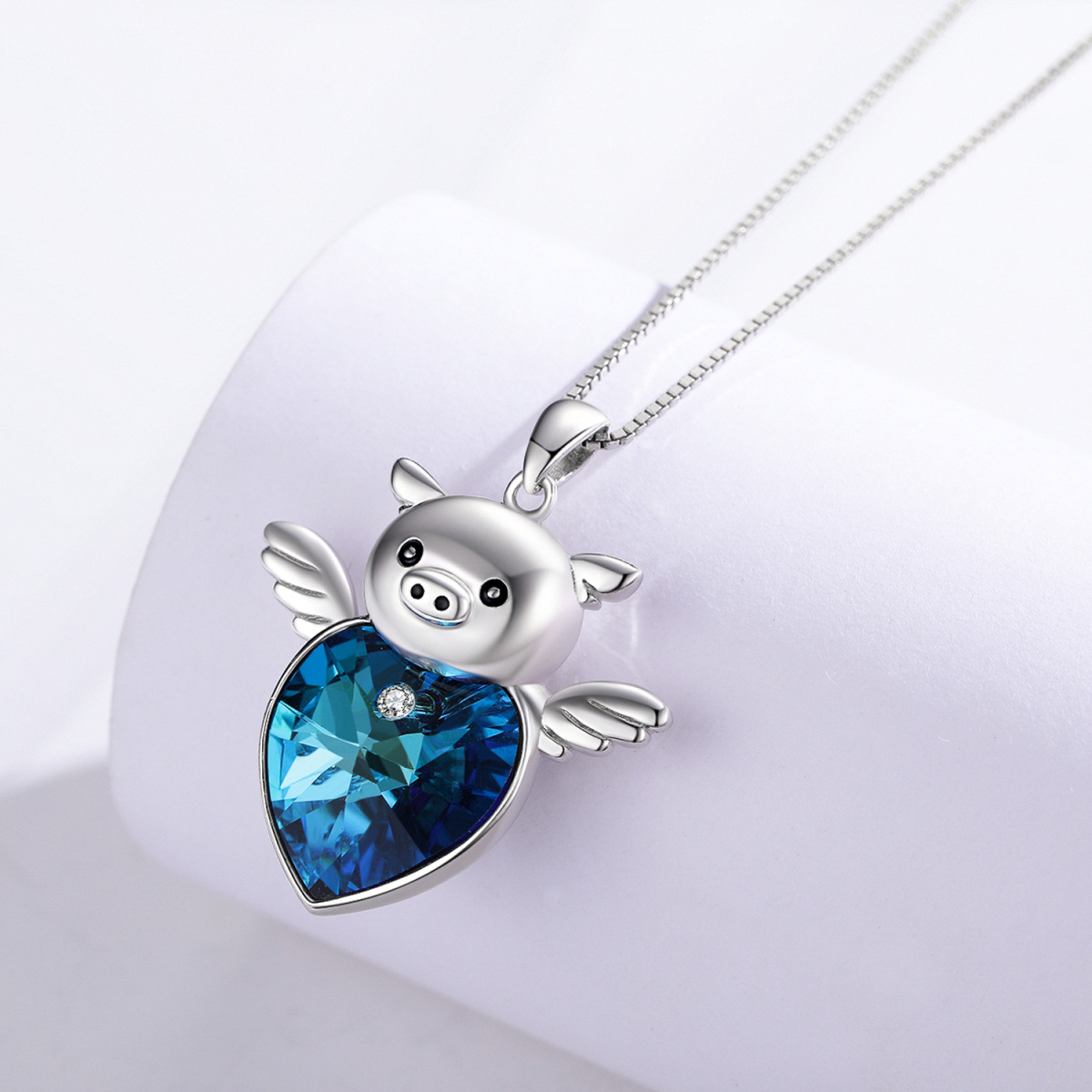 Sterling Silver Heart Crystal Pig Pendant Necklace-3