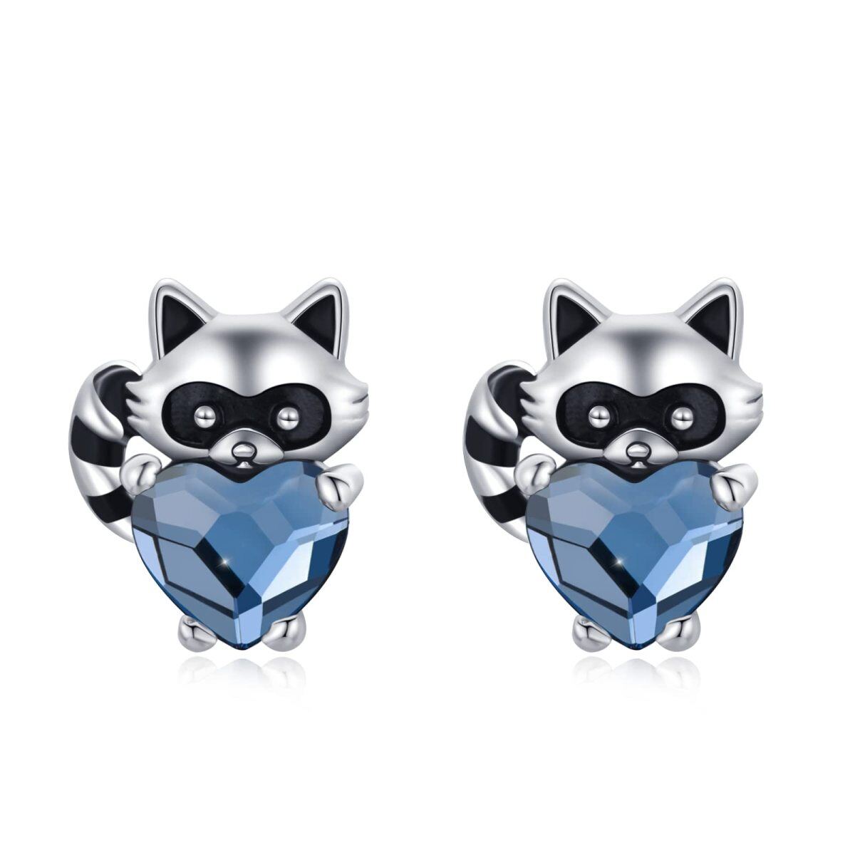 Sterling Silver Heart Crystal Raccoon Stud Earrings For Women-1