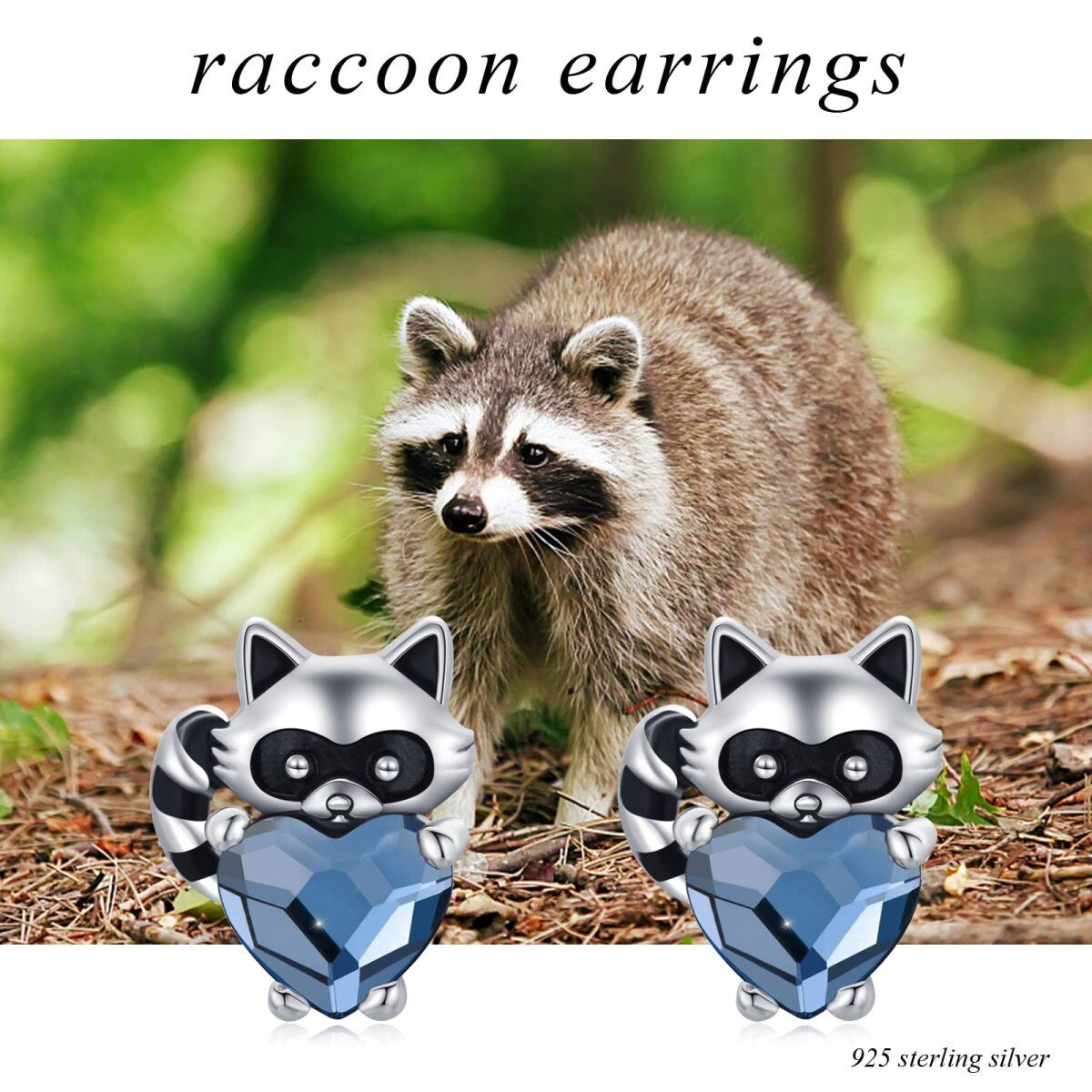 Sterling Silver Heart Crystal Raccoon Stud Earrings For Women-4