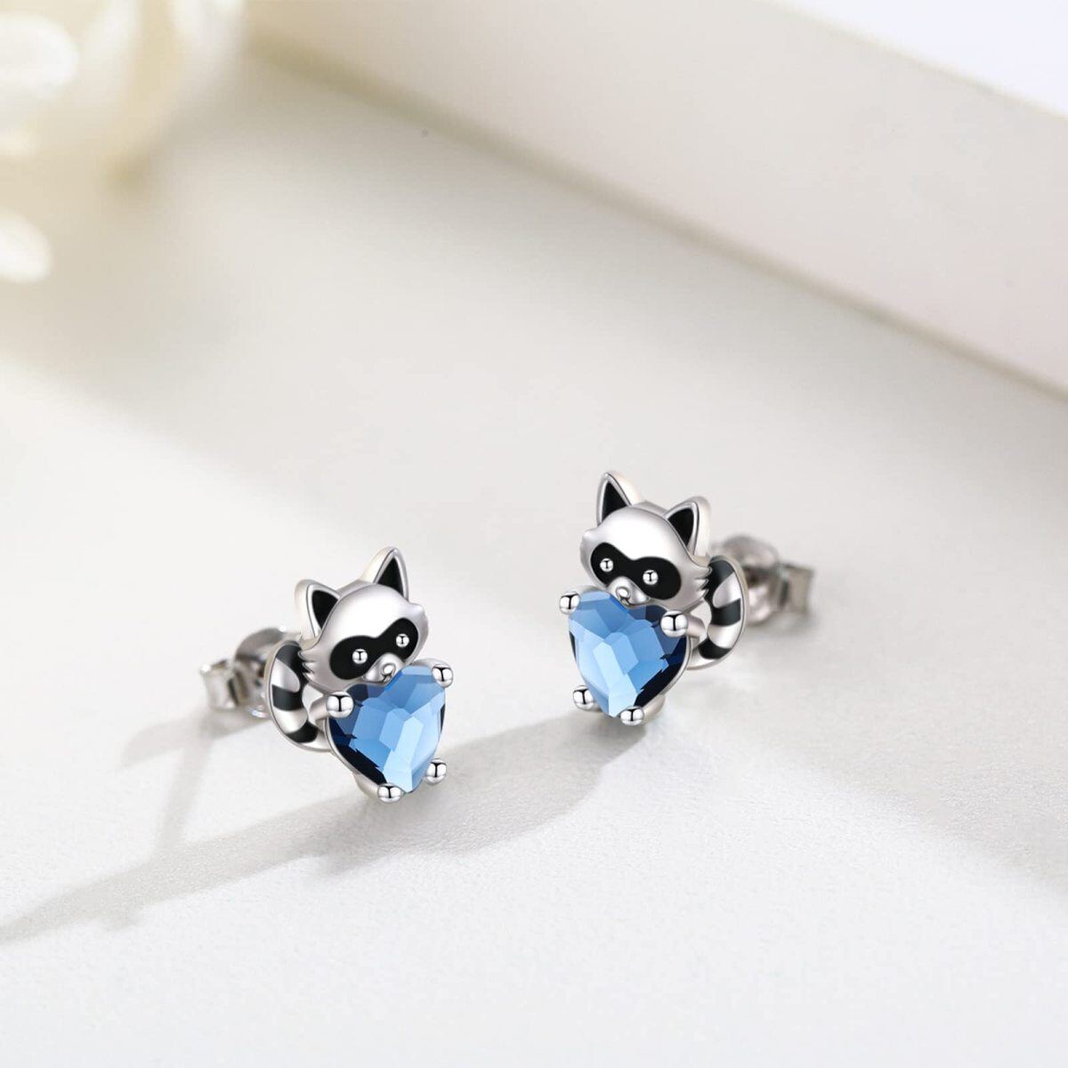 Sterling Silver Heart Crystal Raccoon Stud Earrings For Women-5