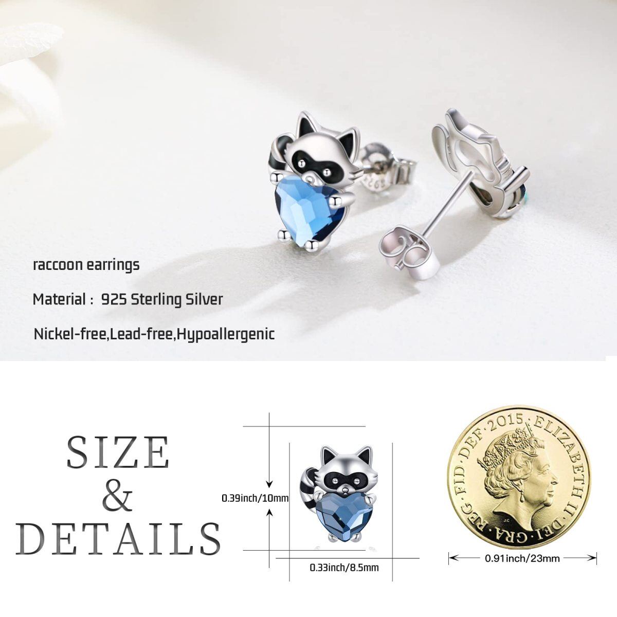 Sterling Silver Heart Crystal Raccoon Stud Earrings For Women-6