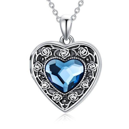 Sterling Silver Heart Crystal Rose & Heart Personalized Photo Locket Necklace with Engraved Word