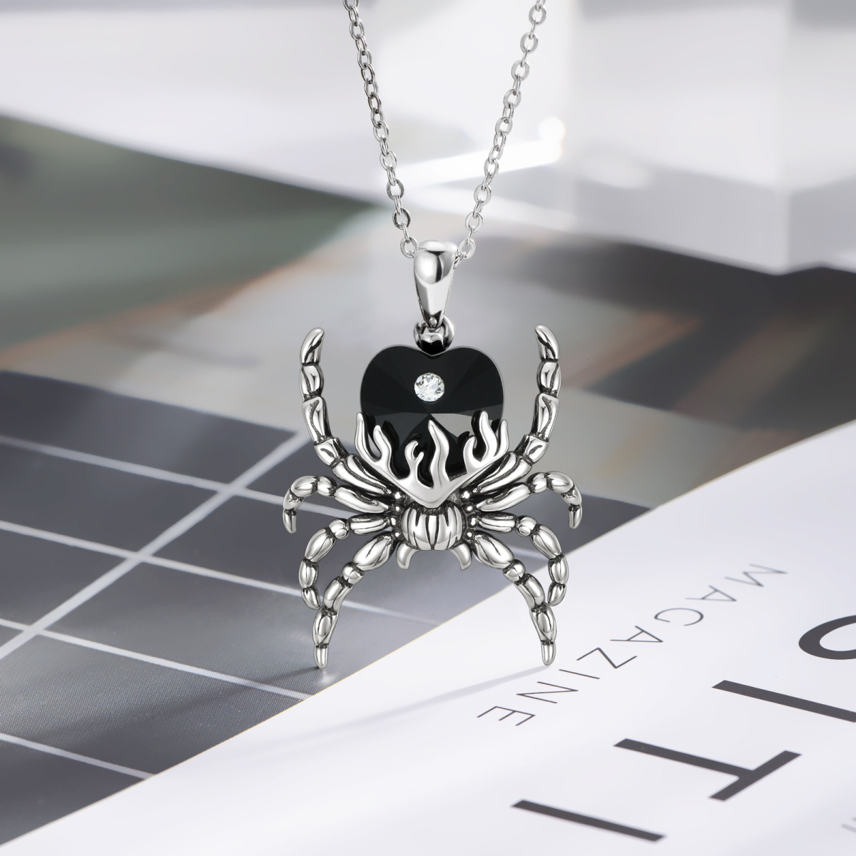 Sterling Silver Heart Crystal Spider Pendant Necklace-3