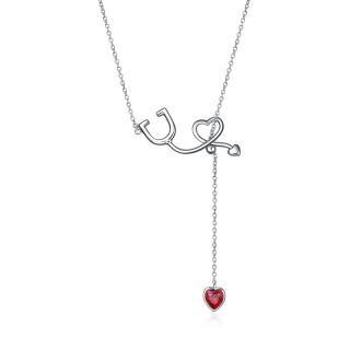 Sterling Silver Heart Crystal Stethoscope Pendant Necklace-44