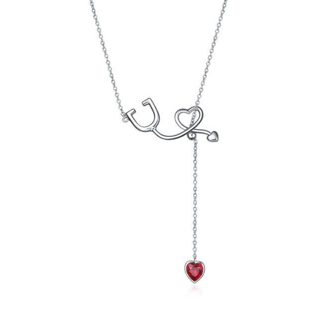 Sterling Silver Heart Crystal Stethoscope Pendant Necklace-2