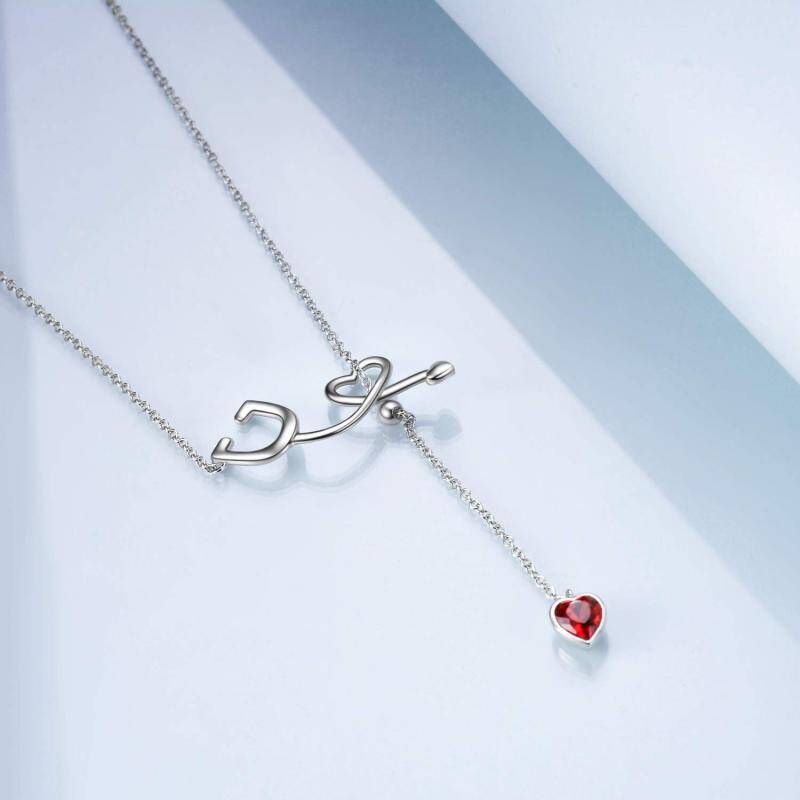 Sterling Silver Heart Crystal Stethoscope Pendant Necklace-3