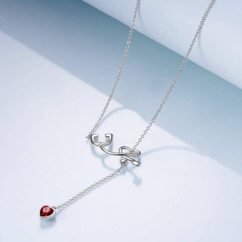 Sterling Silver Heart Crystal Stethoscope Pendant Necklace-4