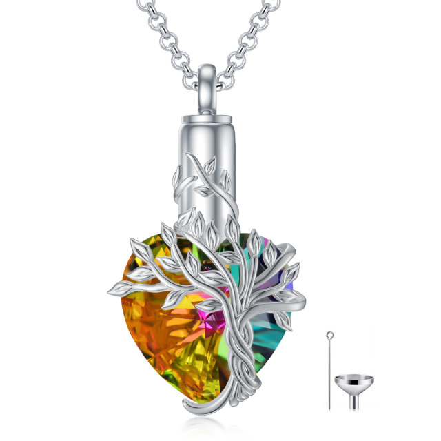 Collar de urna de cremación con forma de árbol de la vida y cristal de corazón de plata de ley para cenizas-1