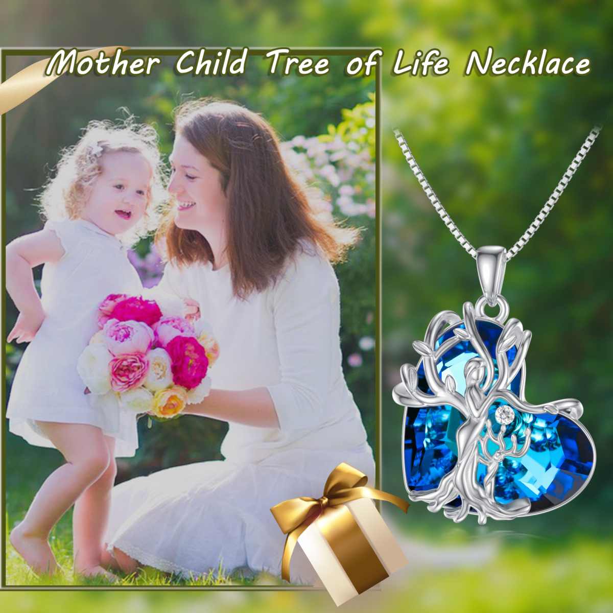 Plata de ley Corazón de cristal Árbol de la Vida Colgante Collar Para Abuela Madre Hija-5