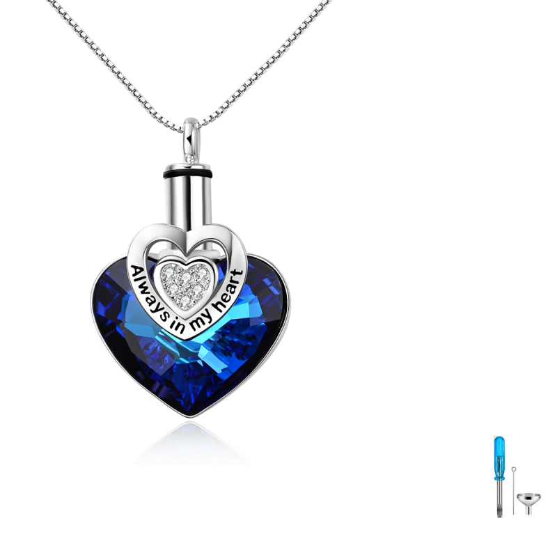 Colar de urna de cristal em forma de coração de prata de lei para cinzas com Always In My Heart-14