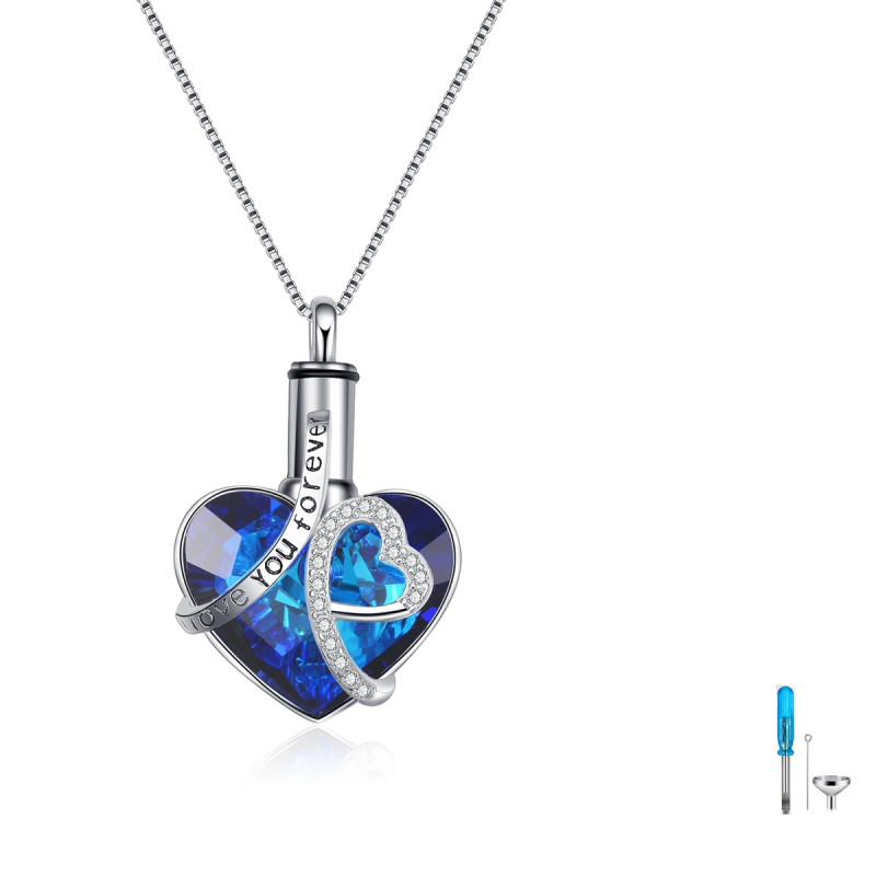 Collar de urna de cristal con forma de corazón de plata esterlina para cenizas con la frase 