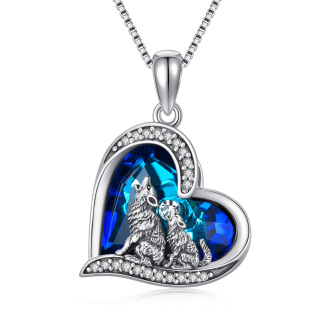 Sterling Silver Blue Heart Wolf With Heart Crystal Pendant Necklace For Women-2