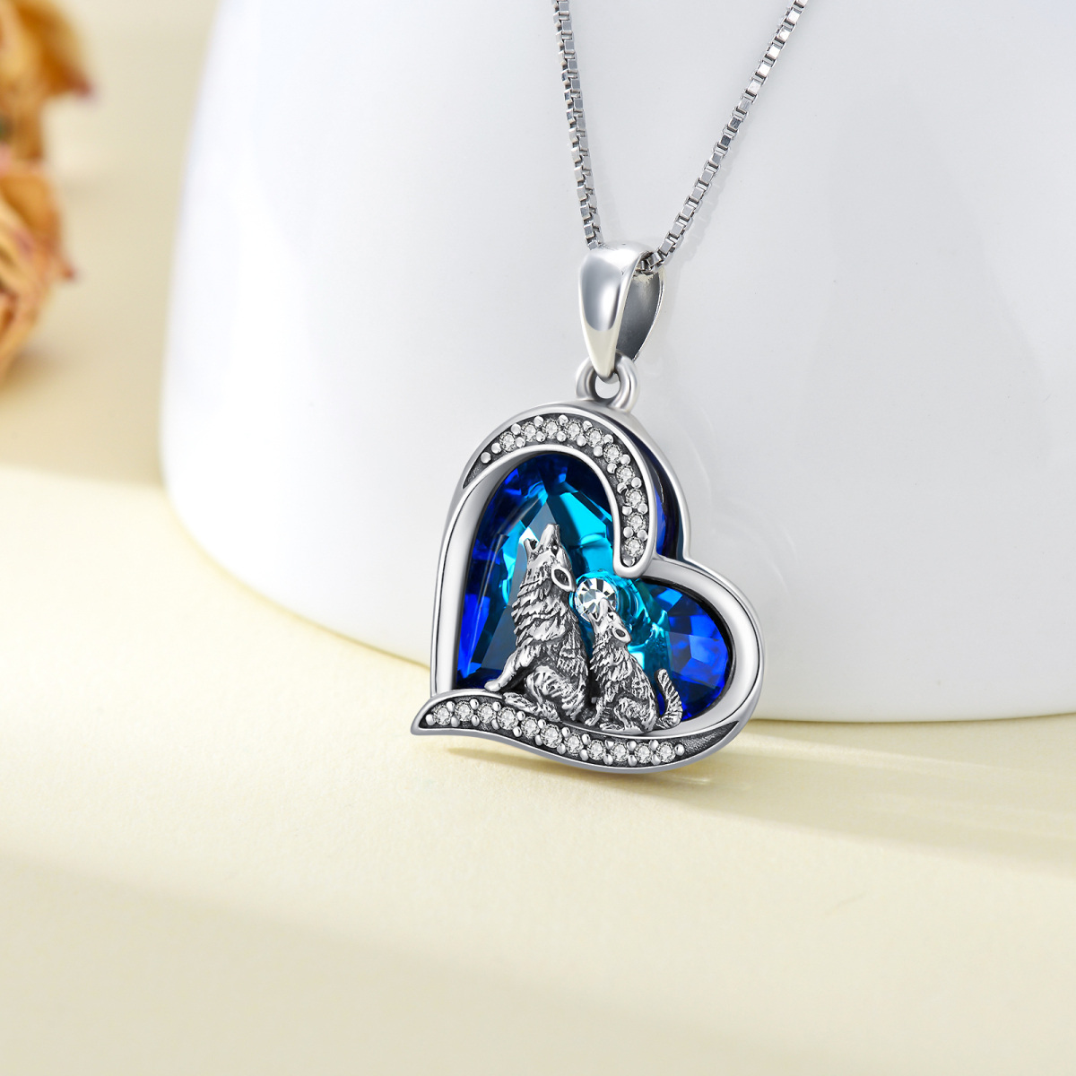 Sterling Silver Blue Heart Wolf With Heart Crystal Pendant Necklace For Women-3