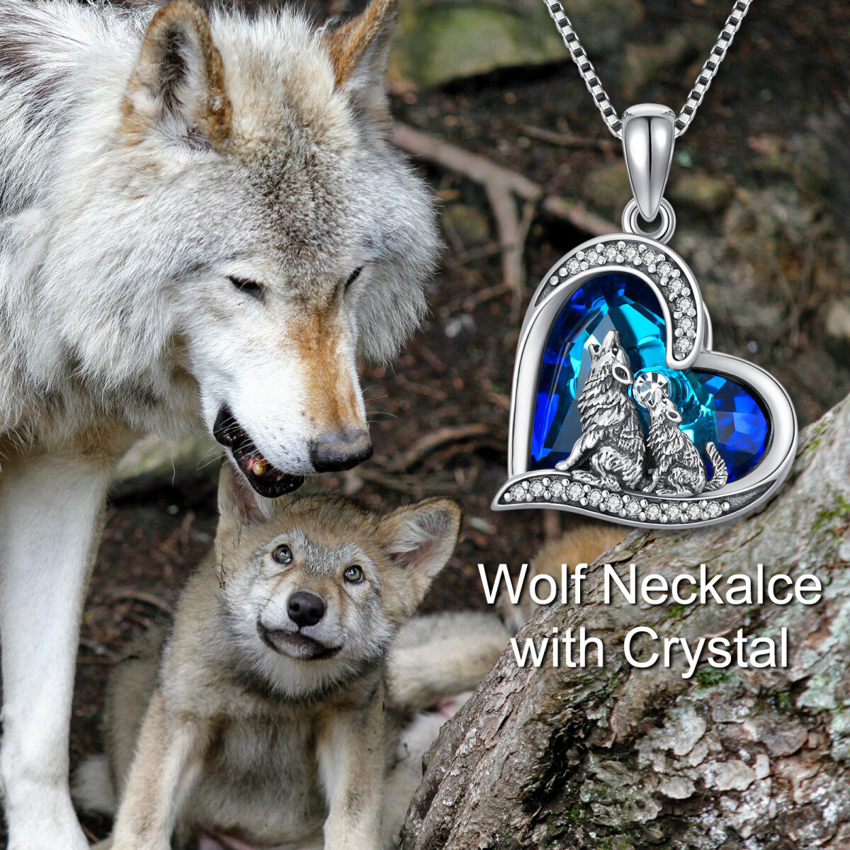 Sterling Silver Blue Heart Wolf With Heart Crystal Pendant Necklace For Women-6