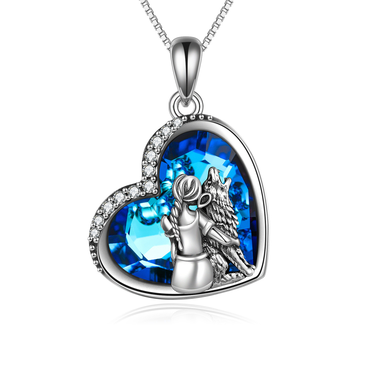 Collana da donna con ciondolo a forma di cuore in argento sterling con zirconi di cristallo e lupo-1