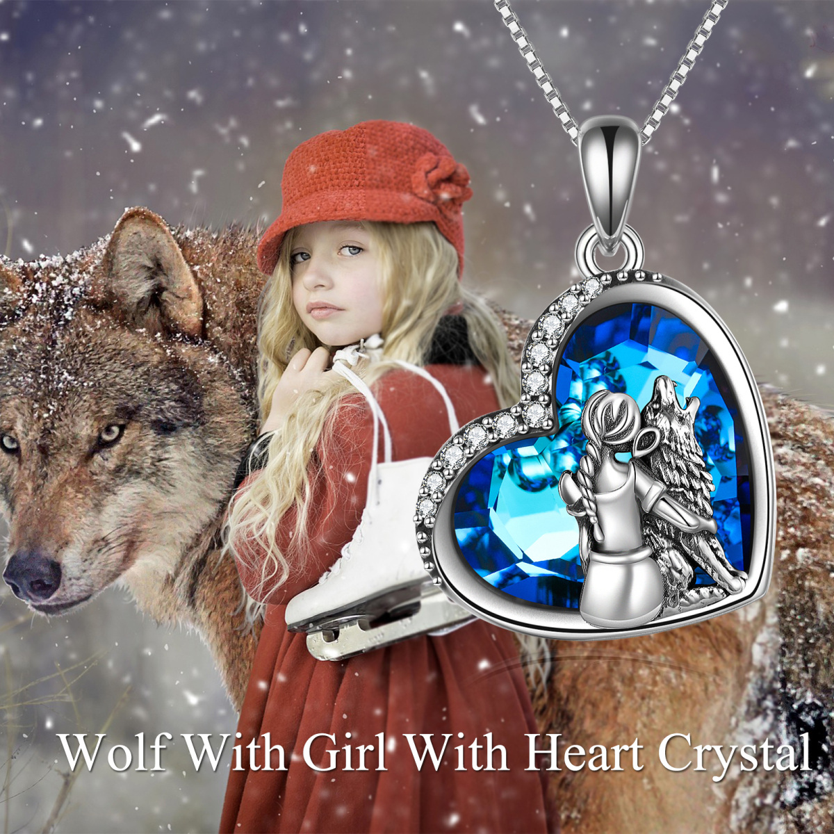 Sterling Silver Heart Crystal Cubic Zirconia Wolf With Heart Pendant Necklace For Women-6