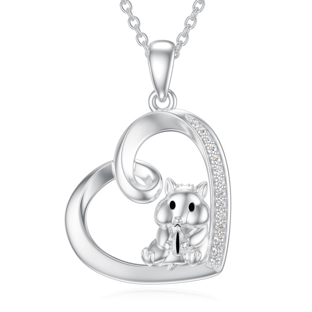 Sterling Silver Heart Diamond Mouse & Heart Pendant Necklace-3