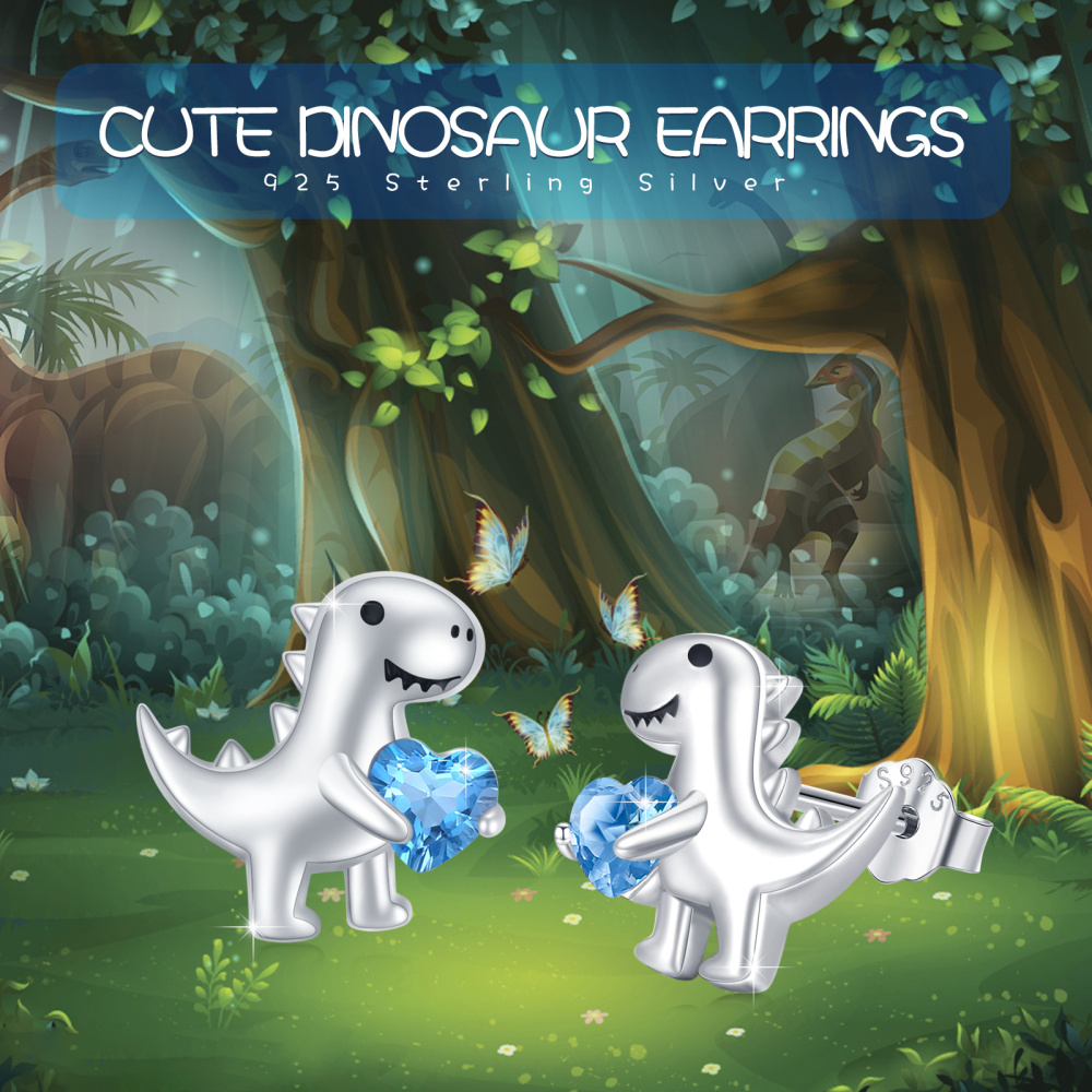 Brincos de prata esterlina com coração de zircónias cúbicas e dinossauros-5