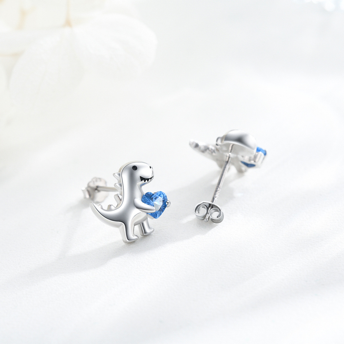 Sterling Silver Heart Cubic Zirconia Dinosaurs Stud Earrings-6