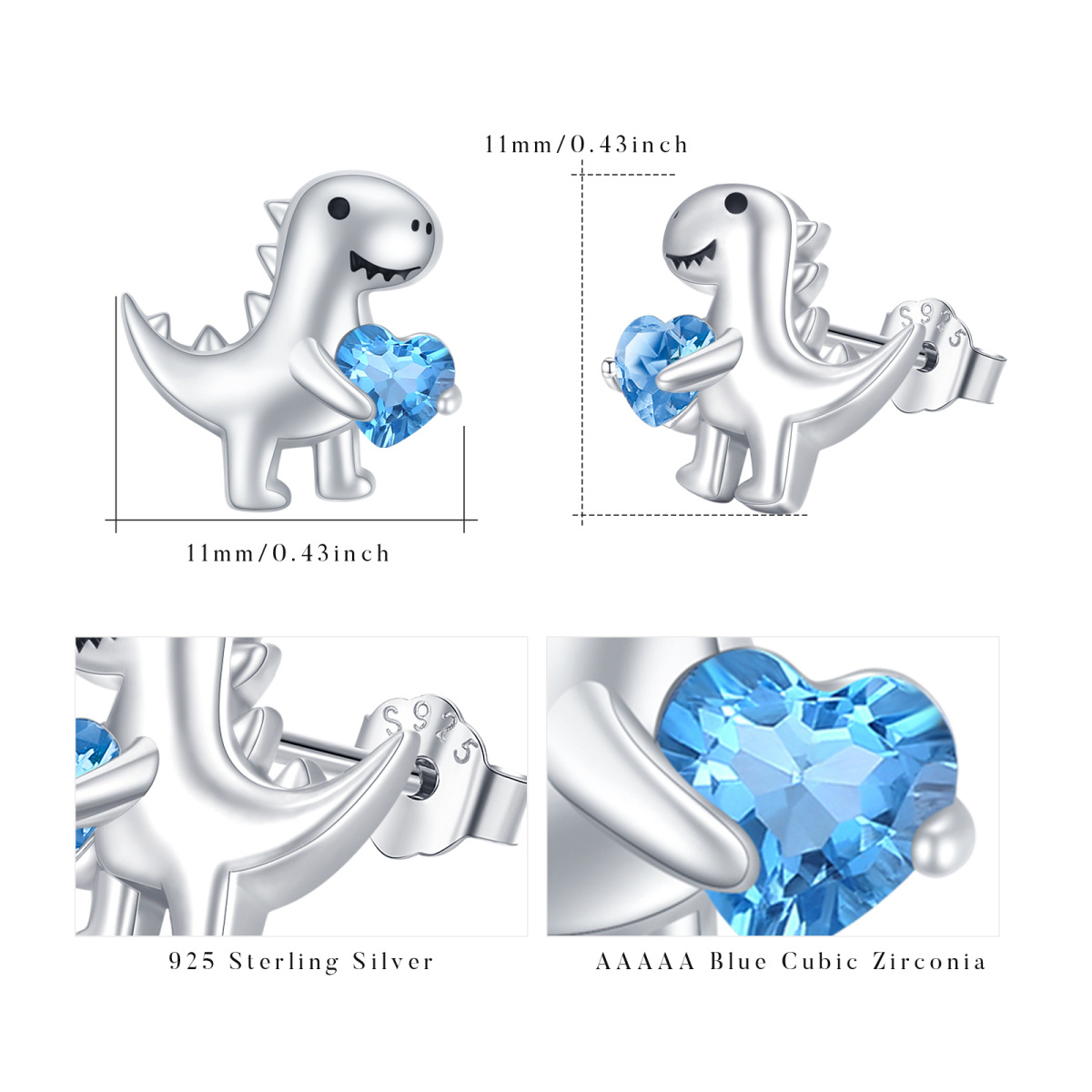 Boucles d'oreilles Dinosaures en argent sterling avec cœur en zircon cubique-7