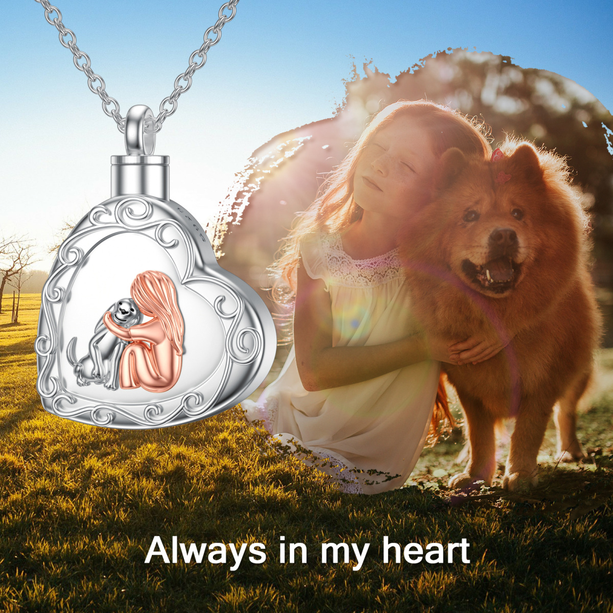 Sterling Silver Dog And Girl Heart Urn Necklace For Ashes With Engraved Word For Women-4