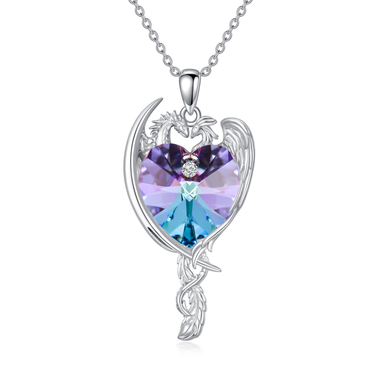 Collar de plata de ley con forma de corazón de dragón y fénix con cristal morado para amante-1