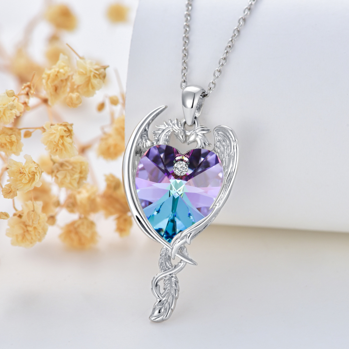 Sterling Silver Heart Dragon & Phoenix Heart Purple Crystal Necklace For Lover-4