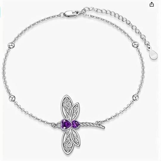 Pulsera de plata de ley con colgante de libélula y circonita cúbica en forma de corazón