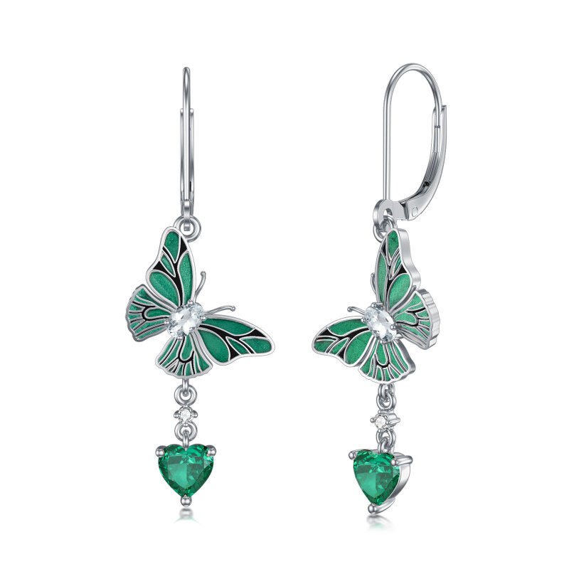 Boucles d'oreilles à levier en argent sterling avec cœur émeraude et papillon