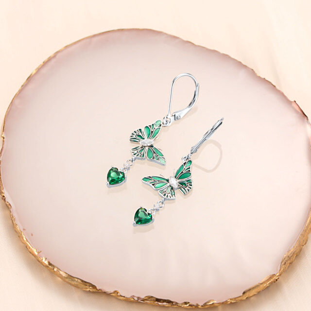 Sterling Silver Heart Emerald Butterfly Lever-back Earrings-3