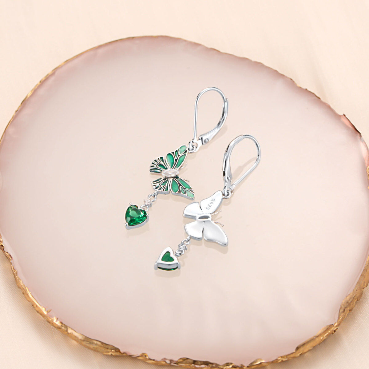 Sterling Silver Heart Emerald Butterfly Lever-back Earrings-4