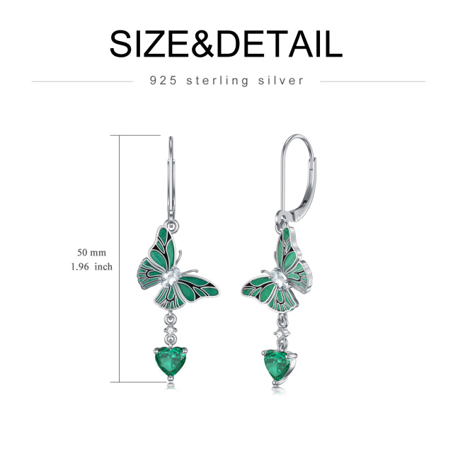 Sterling Silver Heart Emerald Butterfly Lever-back Earrings-5