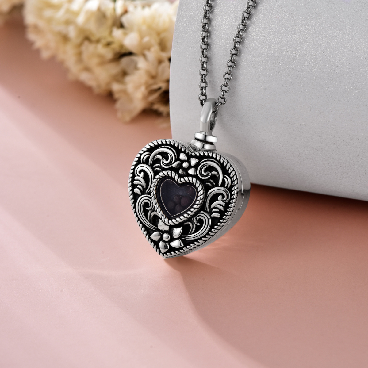 Sterling Silver Heart Flower Holds Mustard Seeds Urn Necklace for Ashes-3