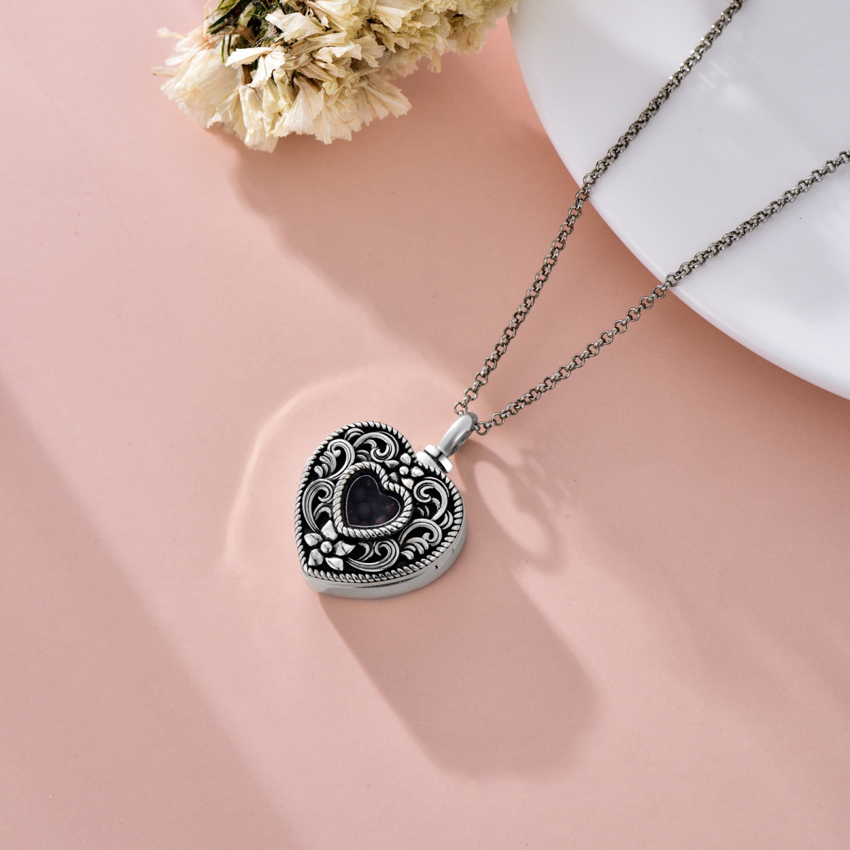 Sterling Silver Heart Flower Holds Mustard Seeds Urn Necklace for Ashes-4