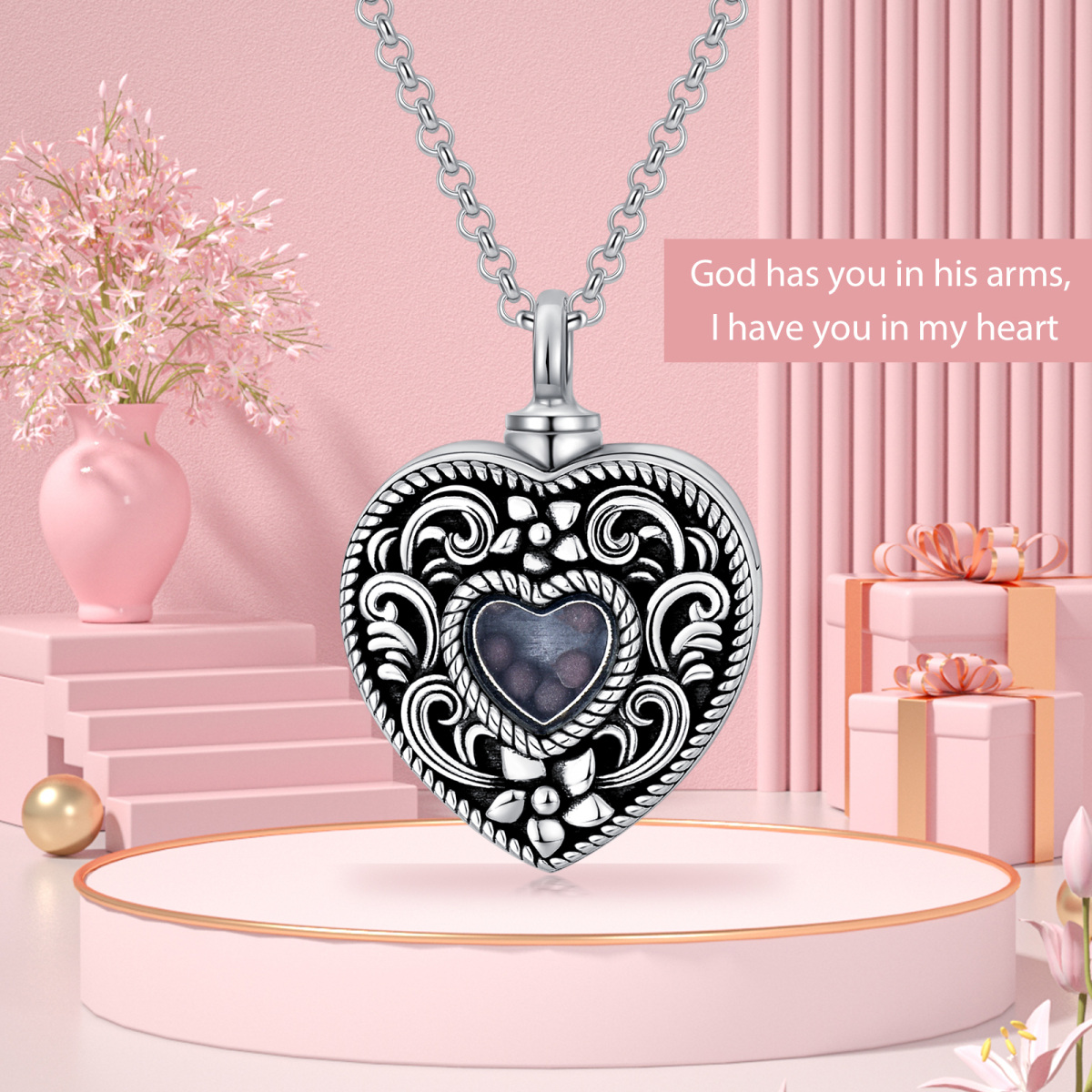 Collar Urna para Cenizas Flor Corazón de Plata de Ley con Semillas de Mostaza-7