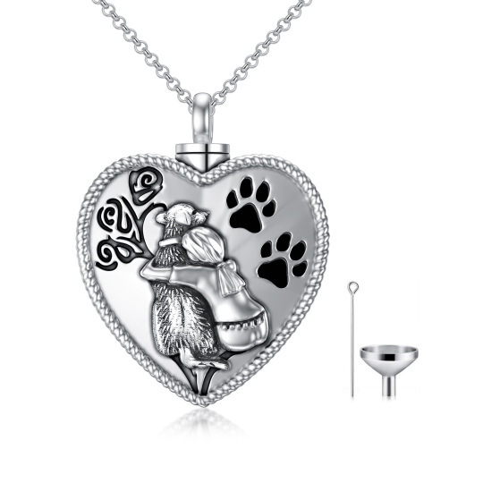 Sterling Silver Heart Girl & Dog Paw Urn Necklace for Ashes with Engraved Word