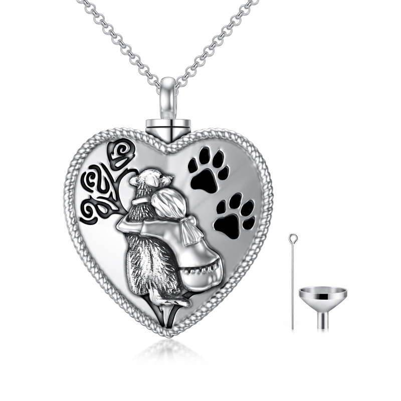 Sterling Silver Heart Girl & Dog Paw Urn Necklace for Ashes with Engraved Word-18